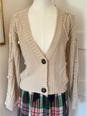 Solutions! Chunky Cable Knit Cardigan Beige Sweater